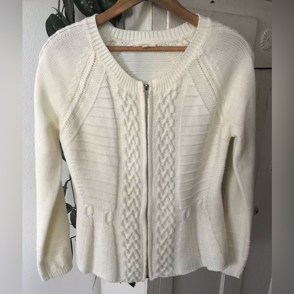 🩷Mystree | Women’s ivory long sleeve zip front cable knit cardigan sweater, sz S - Picture 11 of 14
